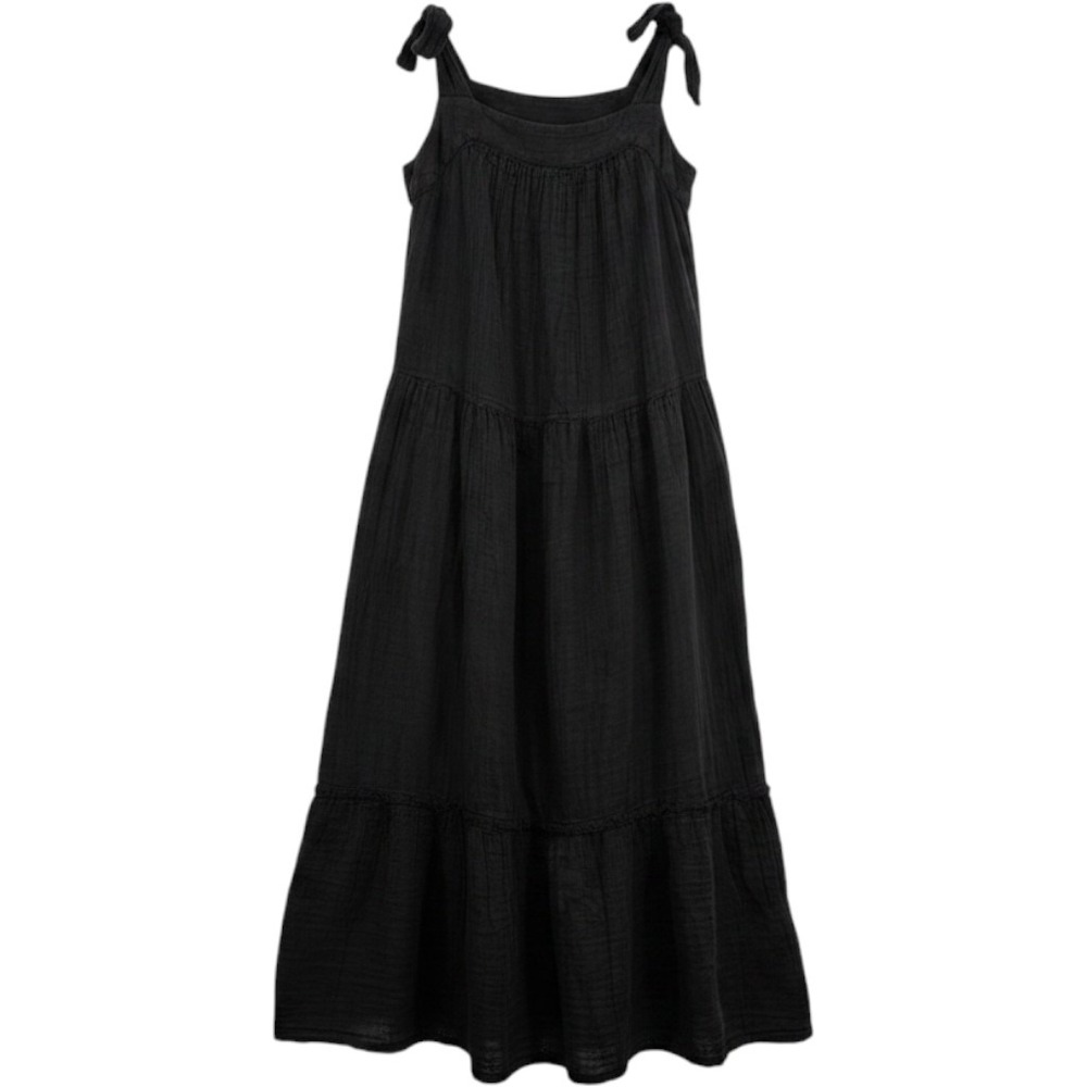 Boho Black Cotton Crinkle Gauze Tiered Maxi Dress Tie Strap Medium Vacation